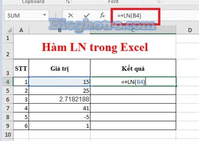 Ham LN trong Excel 2
