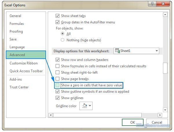 cach an so 0 trong Excel