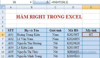 cach dung ham ham RIGHT trong excel