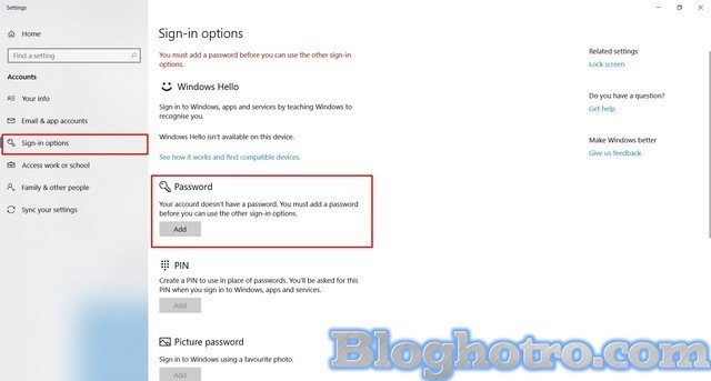 huong dan cai dat password windows 10
