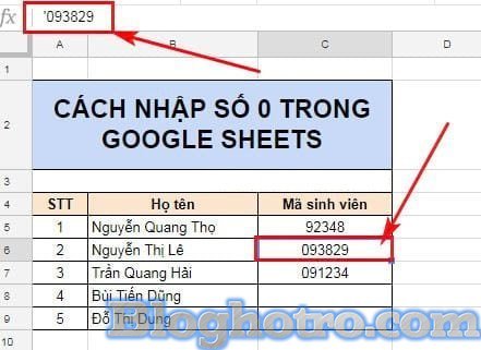 nhap cac so 0 o dau gia tri trong google sheets