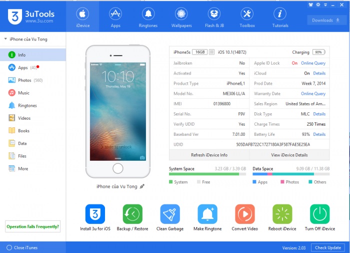Công cụ iDevice trong phần mềm 3utools