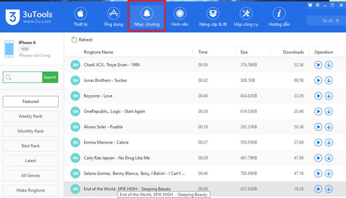 Công cụ cài đặt nhạc chuông trên phần mềm 3utools 