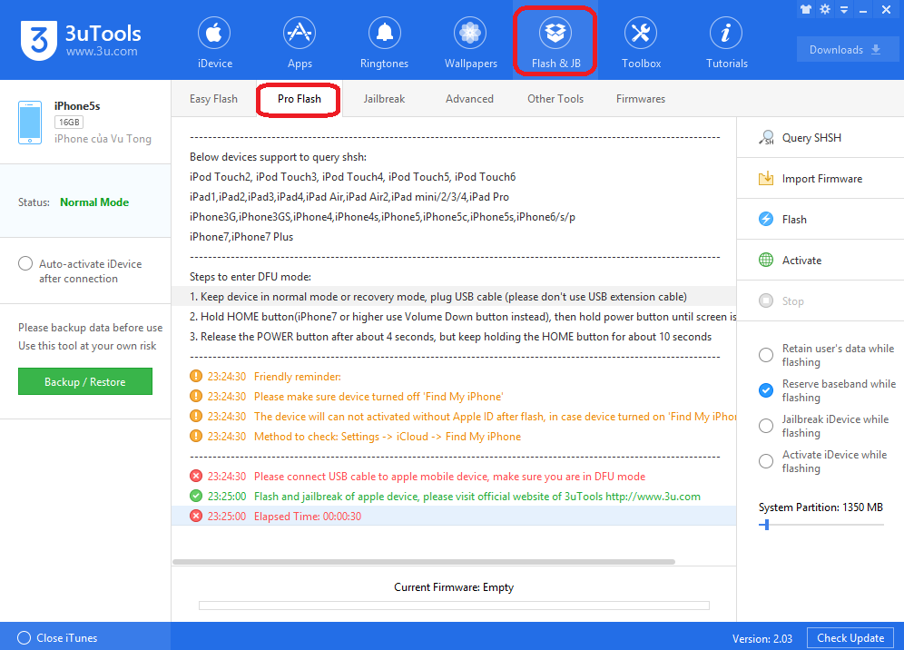 Công cụ Flash & Jailbreak trên phần mềm 3uTools