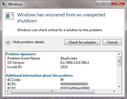 Windows has recovered from an unexpected shutdown