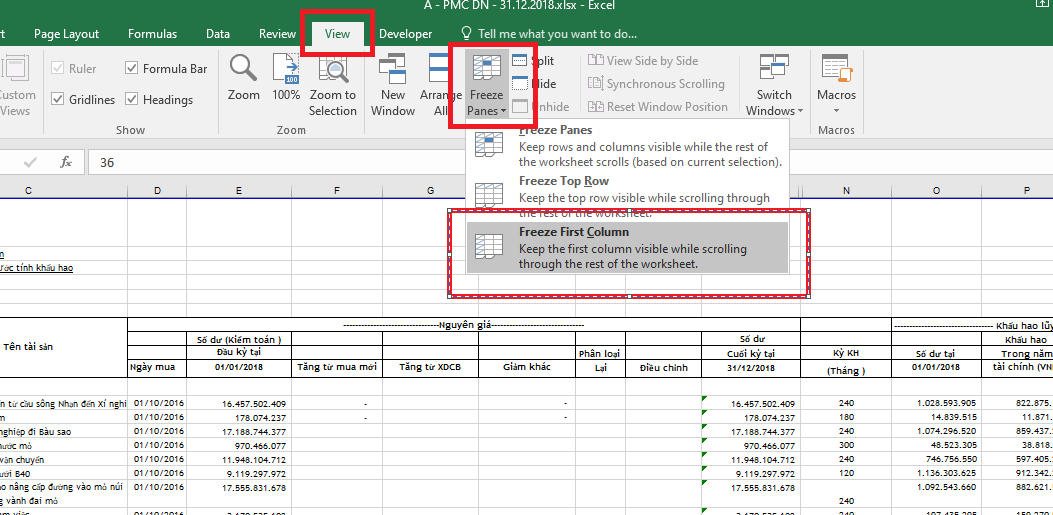cach freeze trong excel