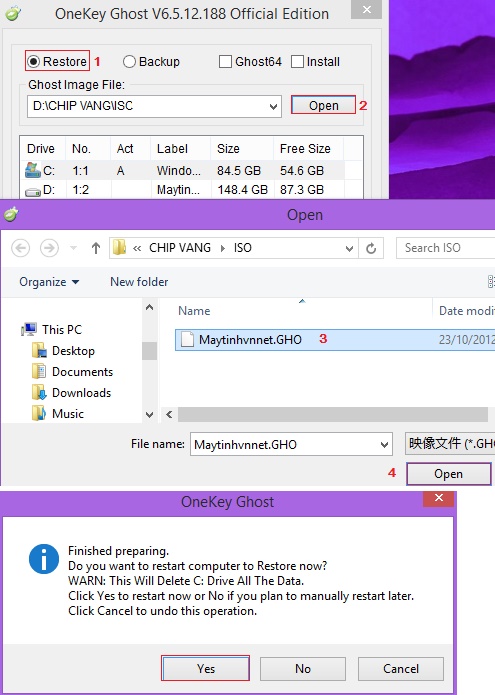 Tìm nơi lưu file ghost trên máy tính chọn Open