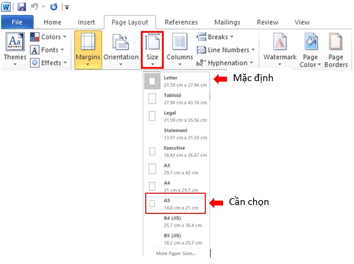 chon kho giay a5 trong word 2010 3