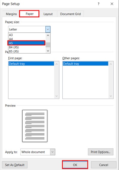 chon kho giay a5 trong word 2010 5