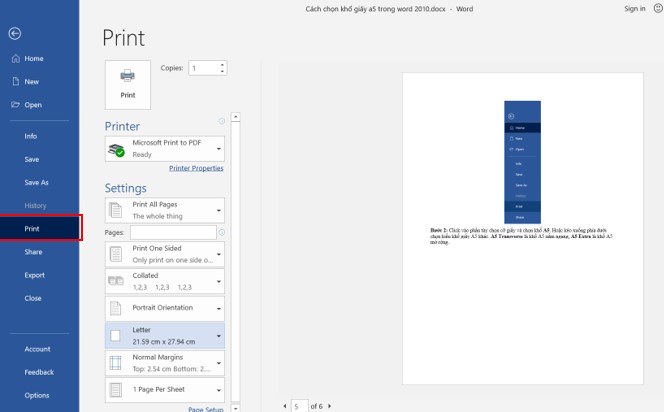 chon kho giay a5 trong word 2010 6