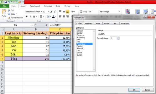 cong thuc tinh phan tram trong excel 3