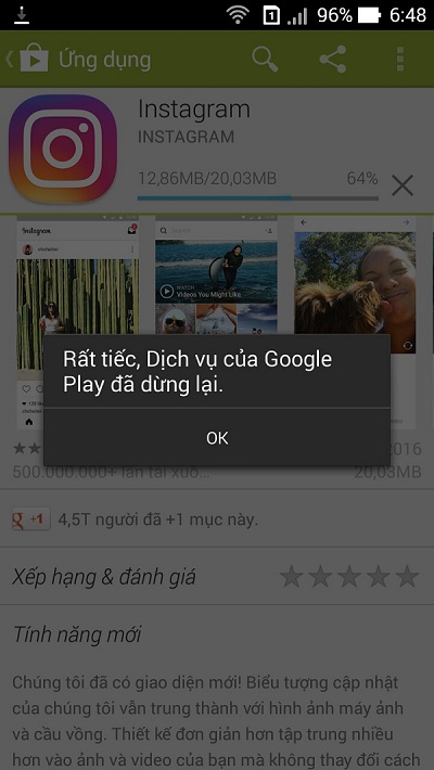 Thông báo lỗi rất tiếc dịch vụ Google play đã dừng lại