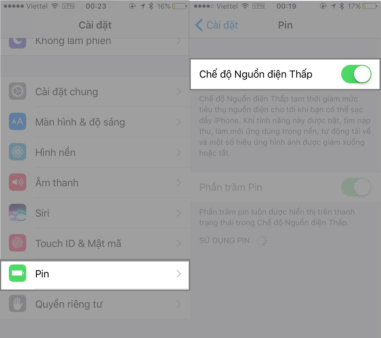 Bật chế độ nguồn điện thấp nhằm tiết kiệm việc sử dụng năng lượng từ pin iphone