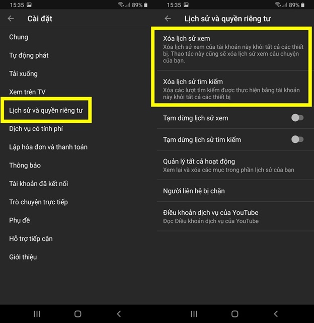 xoa lich su youtube tren dien thoai 1