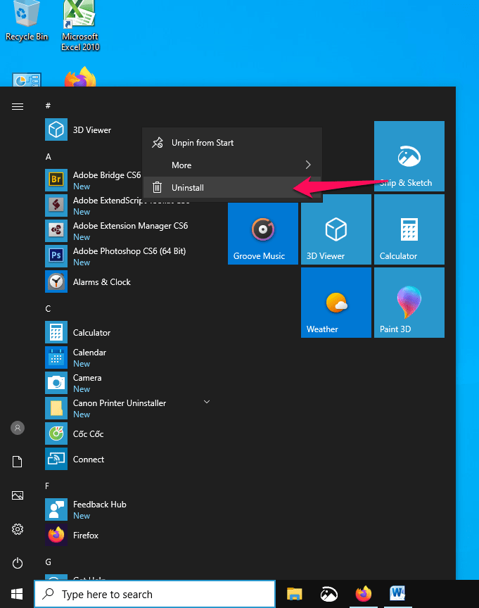 Gỡ ứng dụng mặc định bằng tính năng có sẵn Uninstall trên máy tính windows 10