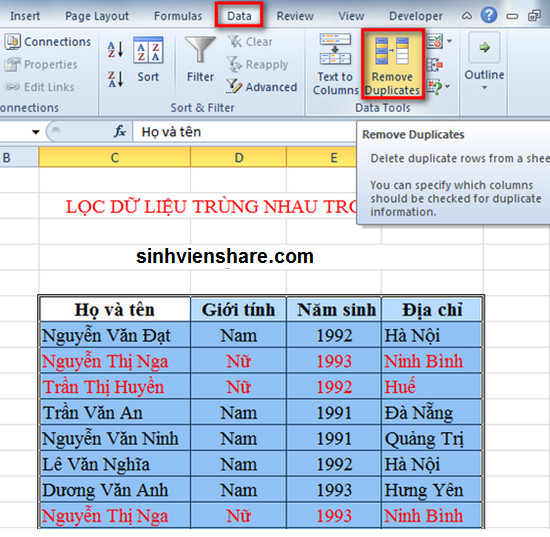 Cách tìm và loại bỏ dữ liệu trùng lặp trong excel (1)