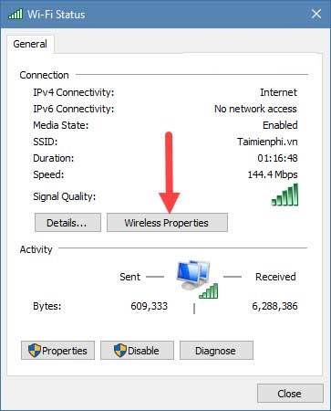 Click tiếp vào Wireless Properties