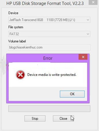Hình ảnh thông báo error lỗi device media is write protected khi đang format USB